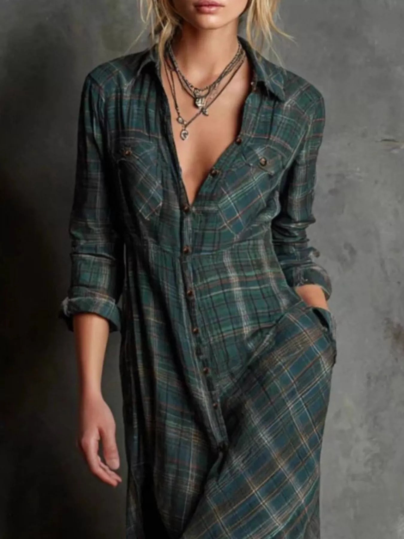 Plus Size Plaid Button-Down Maxi Dress