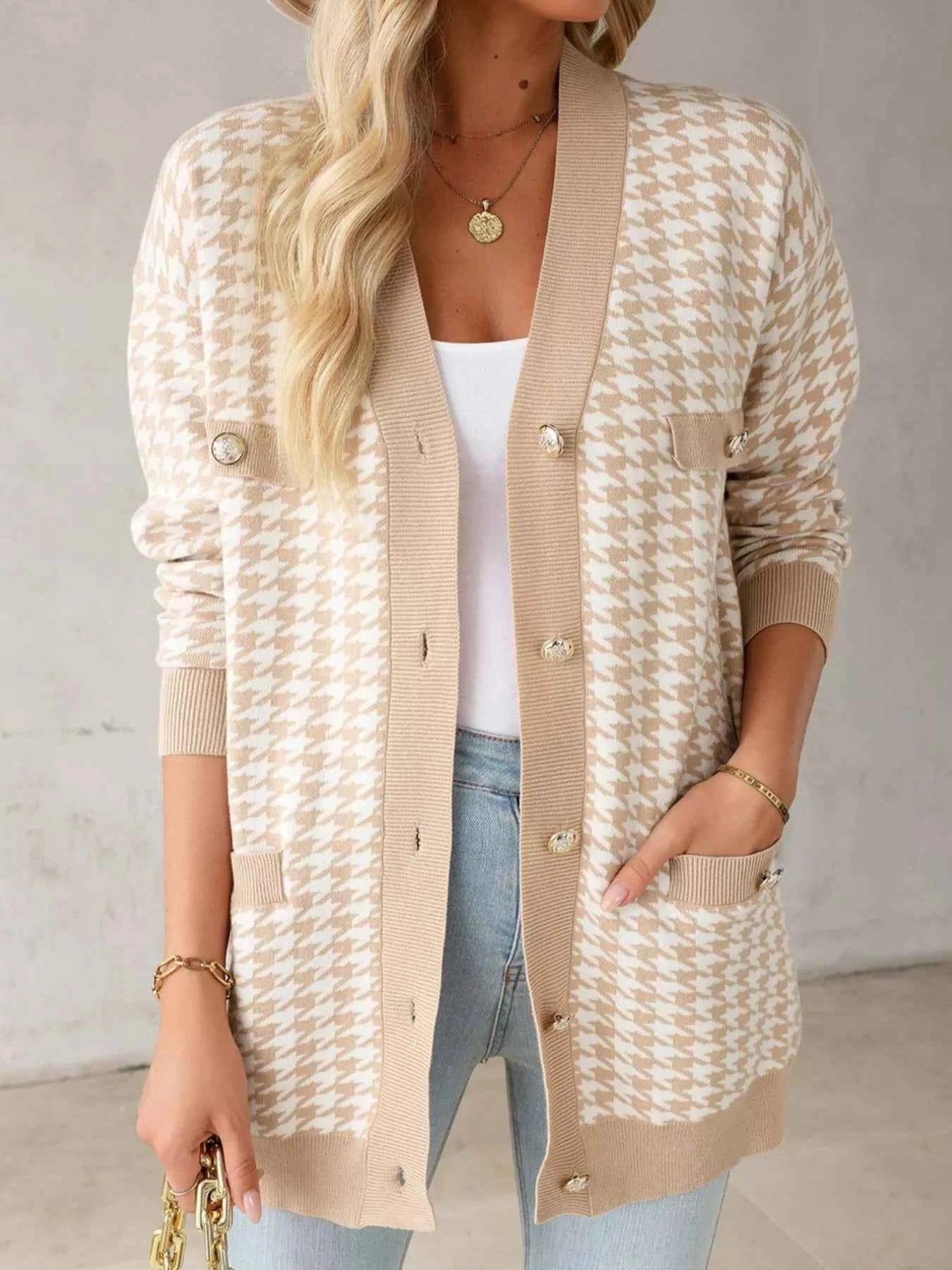 Contrast Edge Metal Button Slim Cardigan with Pockets