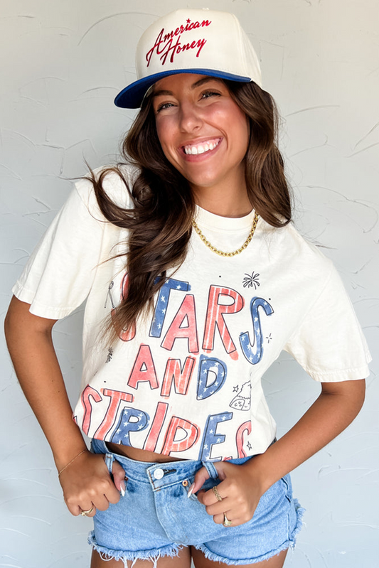 Stars & Stripes Crew Neck Graphic T-Shirt – Women's Patriotic Tee in White