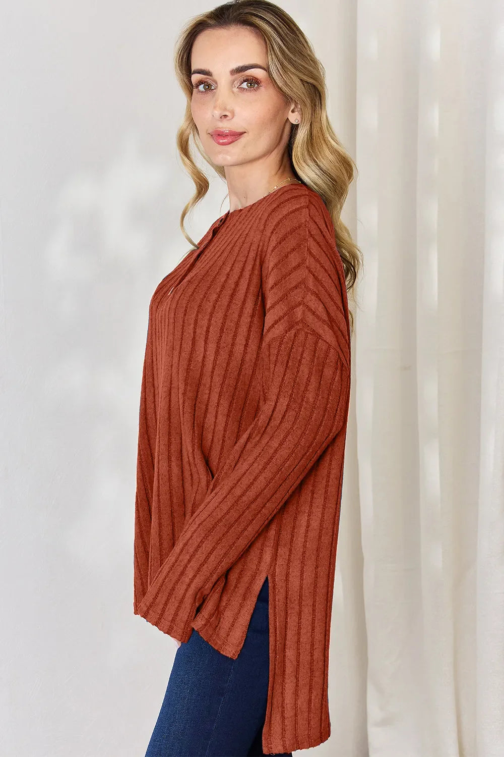 Basic Bae Full Size Ribbed Half Button Long Sleeve High-Low Women's T-Shirt - The Eggy's store