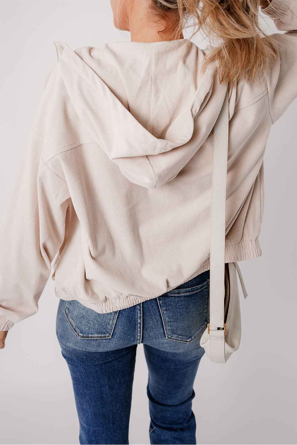 Solid Corduroy Zip-Up Pocketed Hooded Jacket