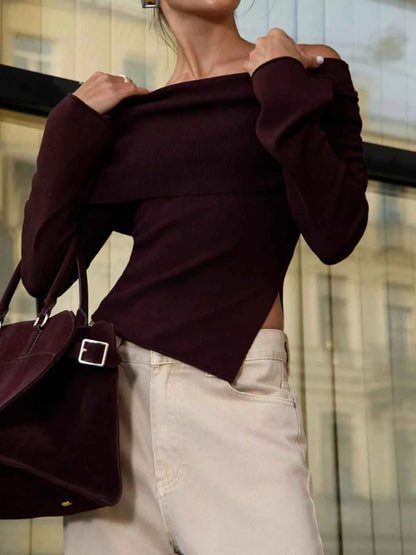 Asymmetrical Hem Off Shoulder Long Sleeve Knit Top