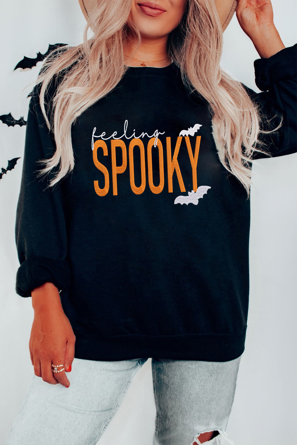 Feeling Spooky Embroidered Drop Shoulder Sweatshirt