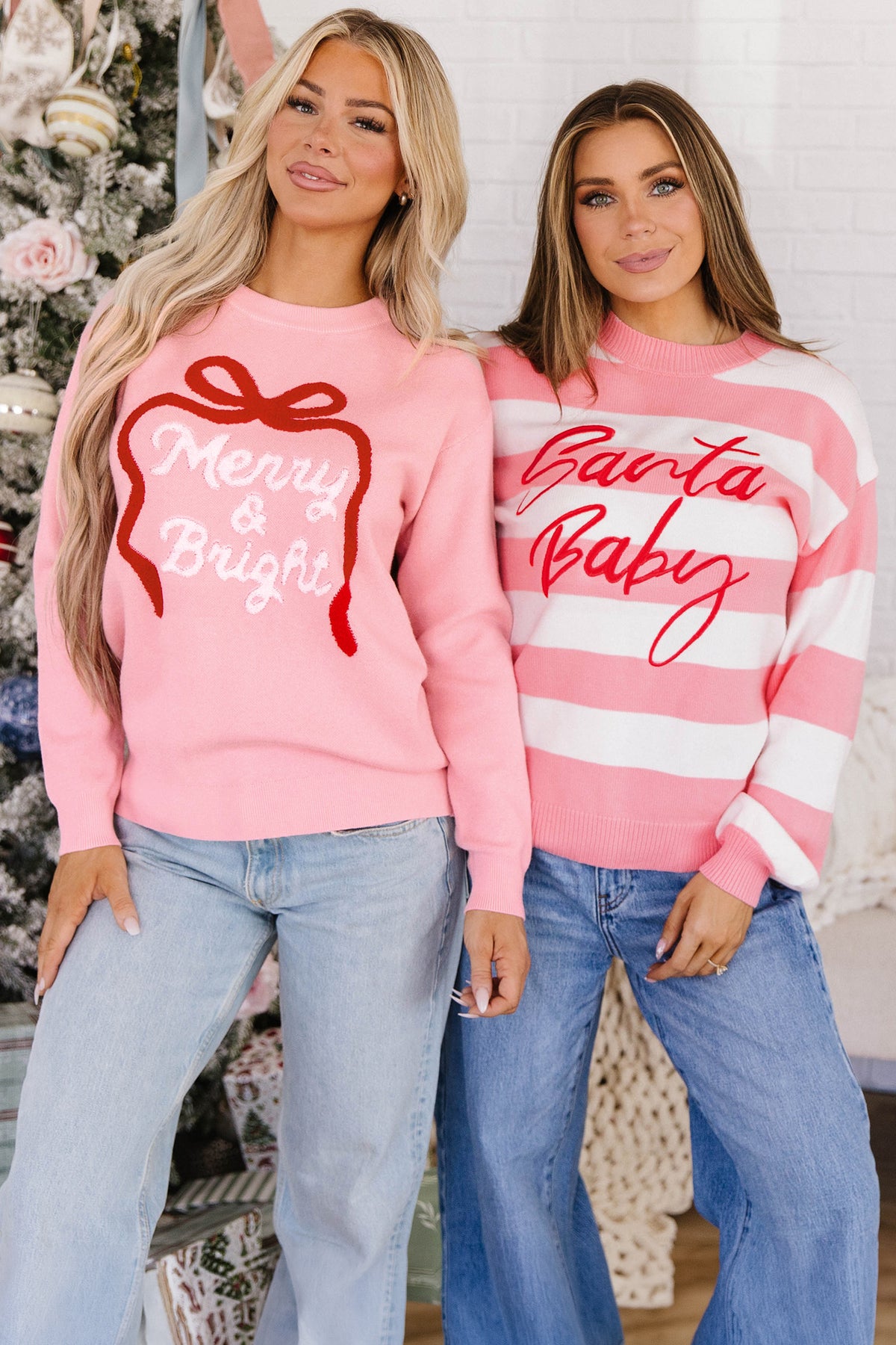 Pink Striped Santa Baby Embroidered Christmas Sweater