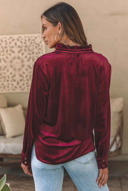 Velvet Frilled Neck Buttoned Top