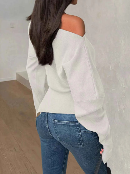 Off-Shoulder Rouched Long Sleeve Sweater