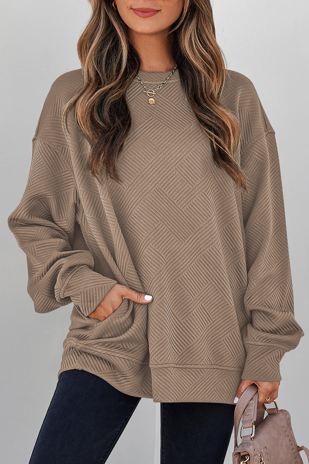 Solid Color Textured Round Neck Drop Shoulder Pullover Sweatshirt