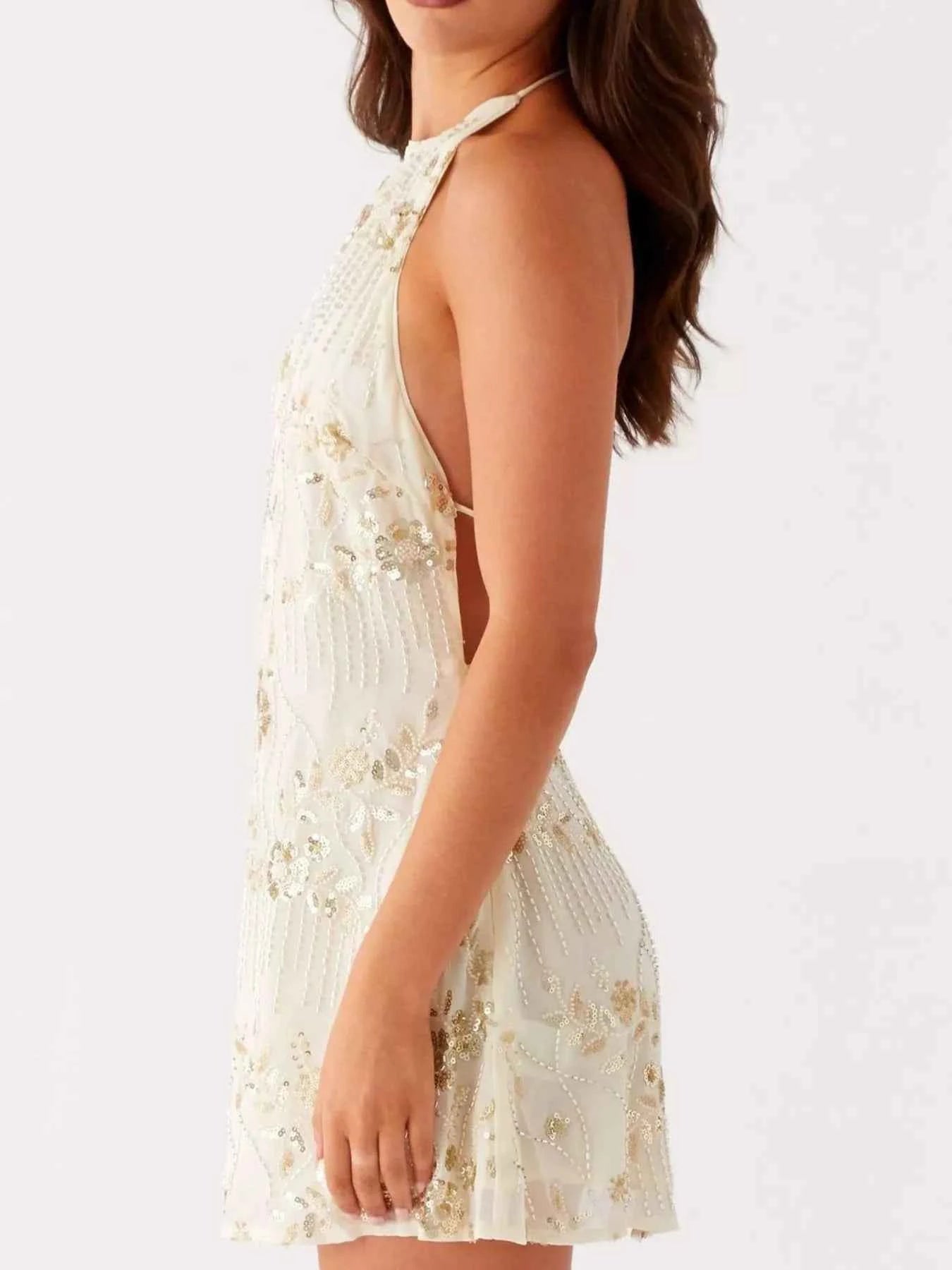 Backless Embroidered Halter Neck Mini Dress
