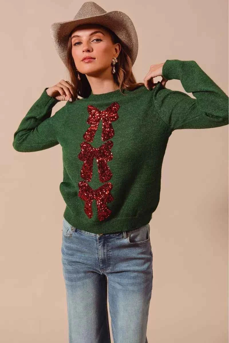 SO ME Sequins Bow Ribbon Embellished Christmas Sweater