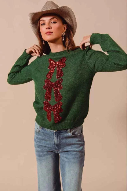 SO ME Sequins Bow Ribbon Embellished Christmas Sweater