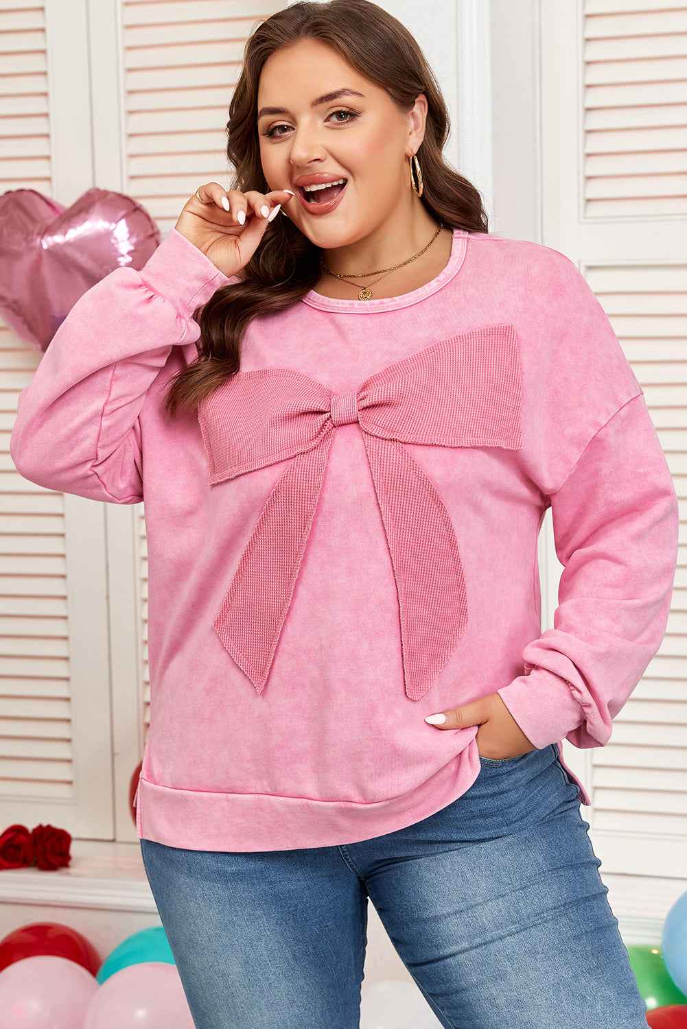 Plus Size Waffle Bowknot Patchwork Mineral Wash Sweatshirt