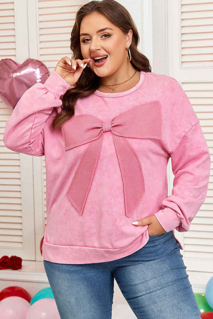 Plus Size Waffle Bowknot Patchwork Mineral Wash Sweatshirt