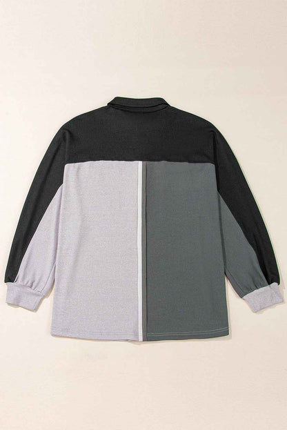 Colorblock Collared Ribbed Patchwork Pocketed Sweatshirt
