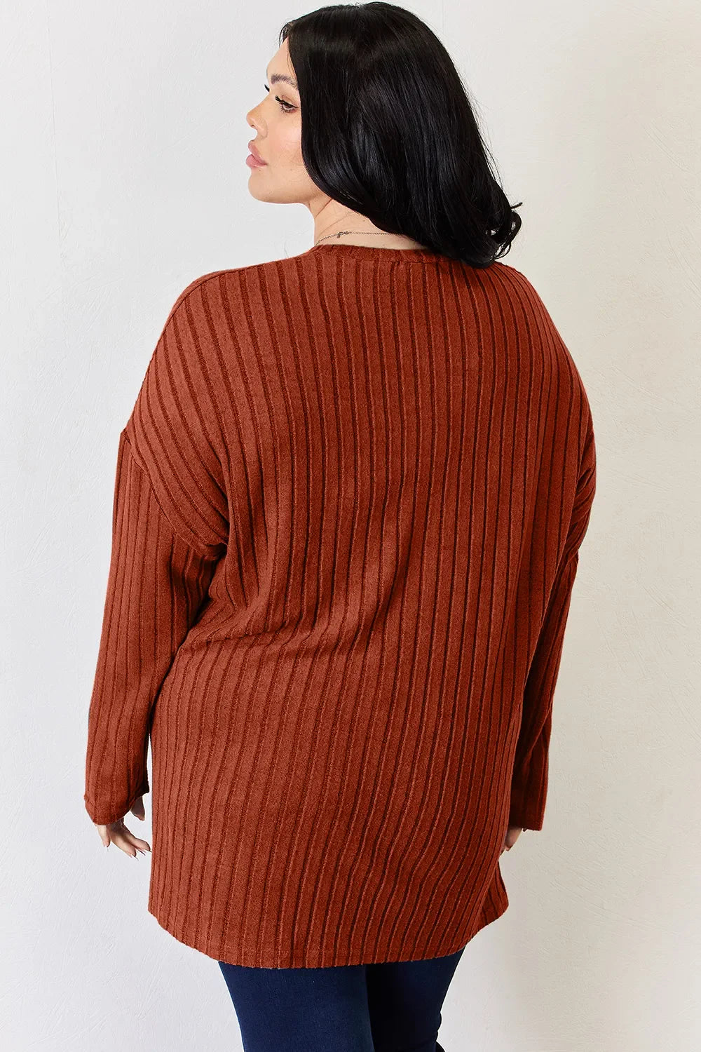 Basic Bae Full Size Ribbed Half Button Long Sleeve High-Low Women's T-Shirt - The Eggy's store