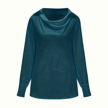 Women's Solid Color Long Sleeve Cowl Neck Blouse With Draped Detail - Elegant Office Formal Shirt For Spring&Fall