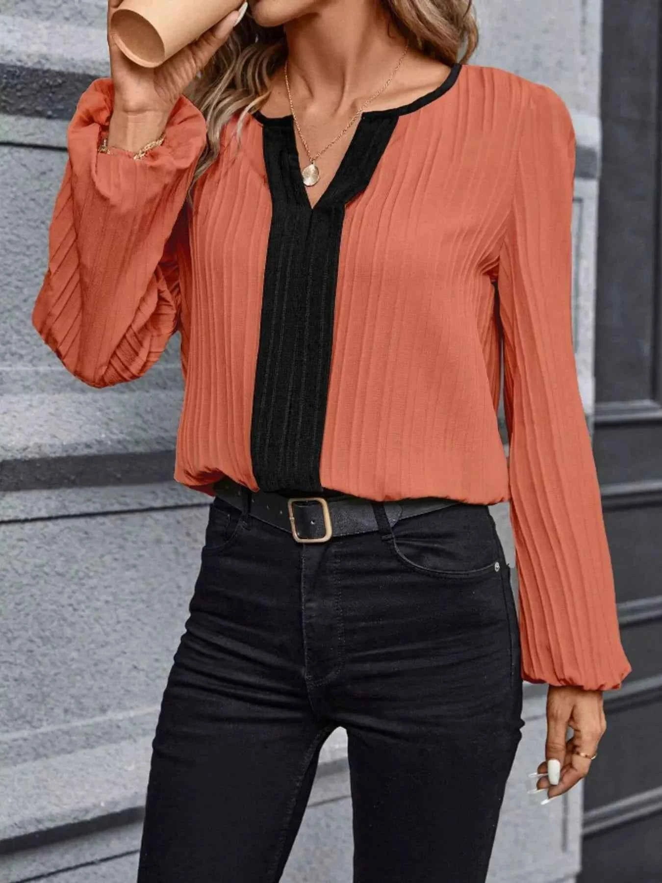 Textured Notched Long Sleeve Blouse