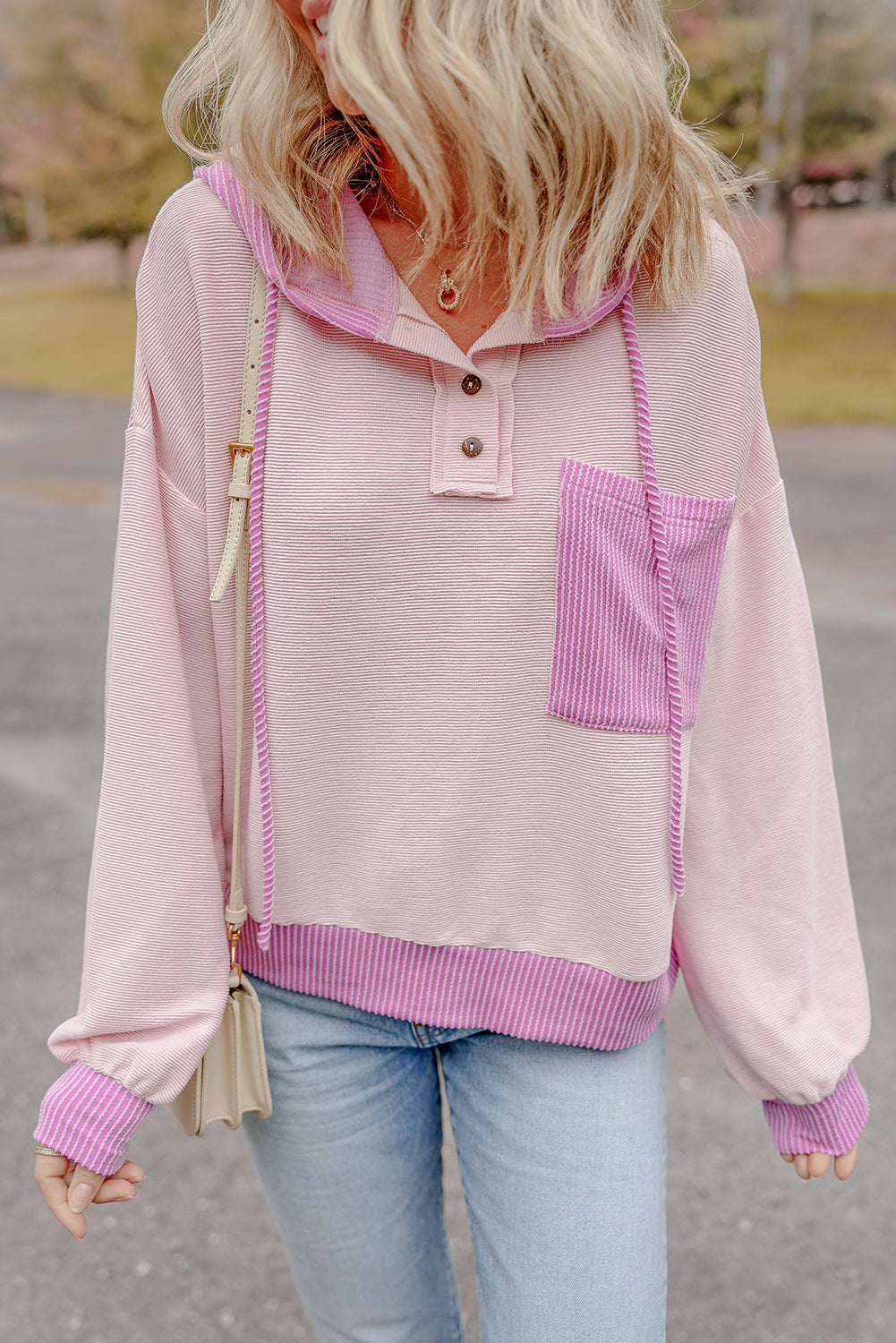 Light Pink Corded Colorblock Patch Pocket Hooded Women's Top
