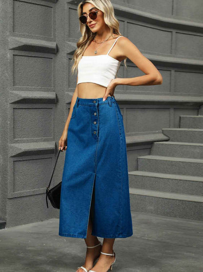 Slit Button Detail Denim Midi Skirt