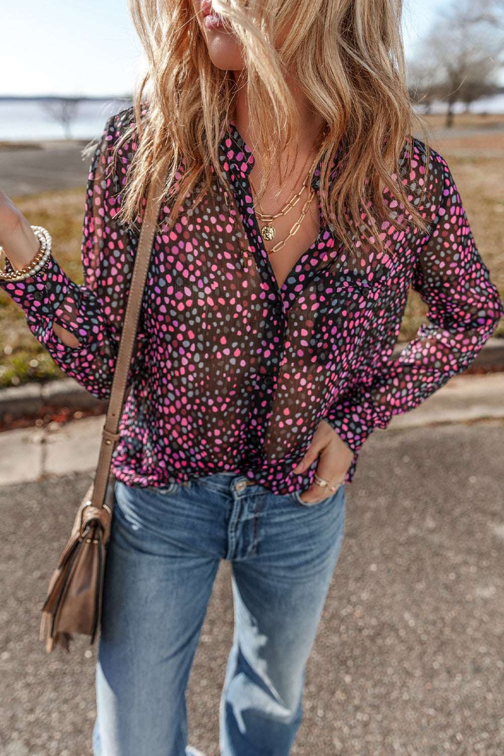 Grape Wine Polka Dot Print Buttoned Blouse