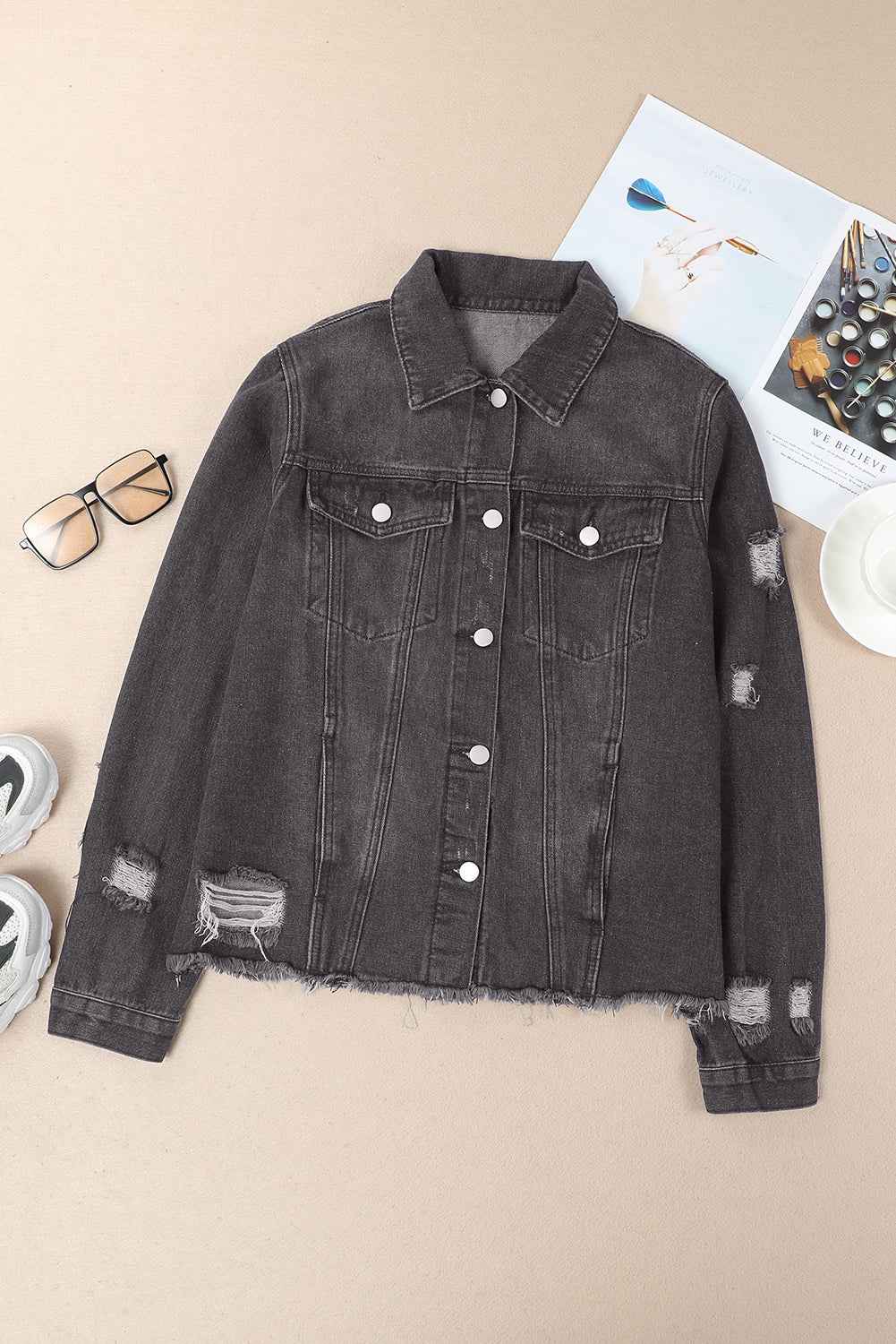 Denim Lapel Distressed Raw Hem Buttoned Jacket