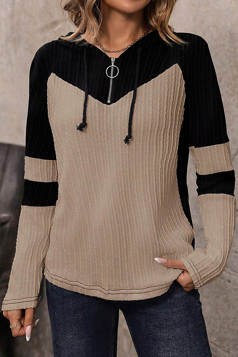 Parchment Textured Colorblock Long Sleeve Quarter Zip Drawstring Hooded Sweatshirt