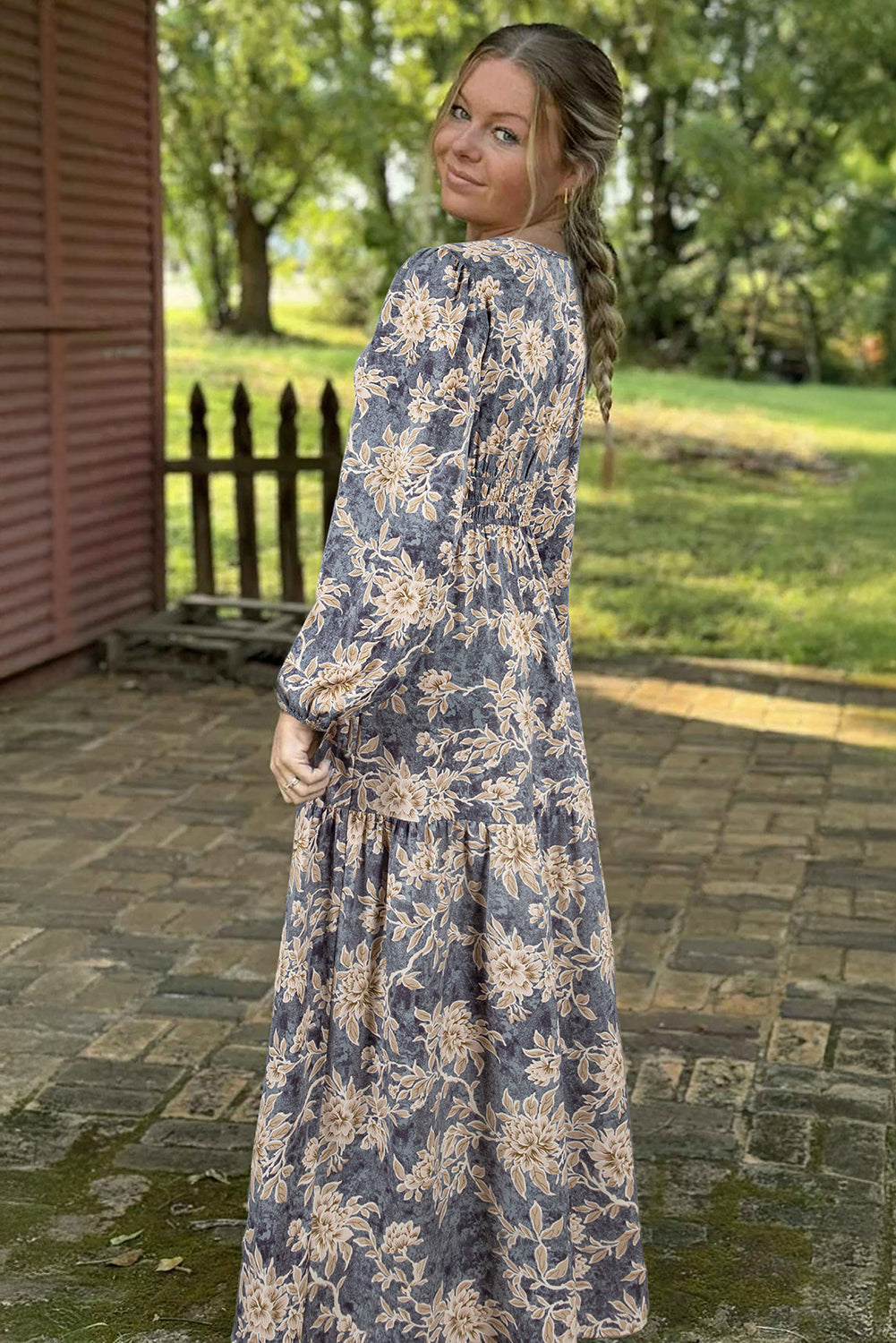 Sky Blue Floral Smocked High Waist Long Sleeve Maxi Dress