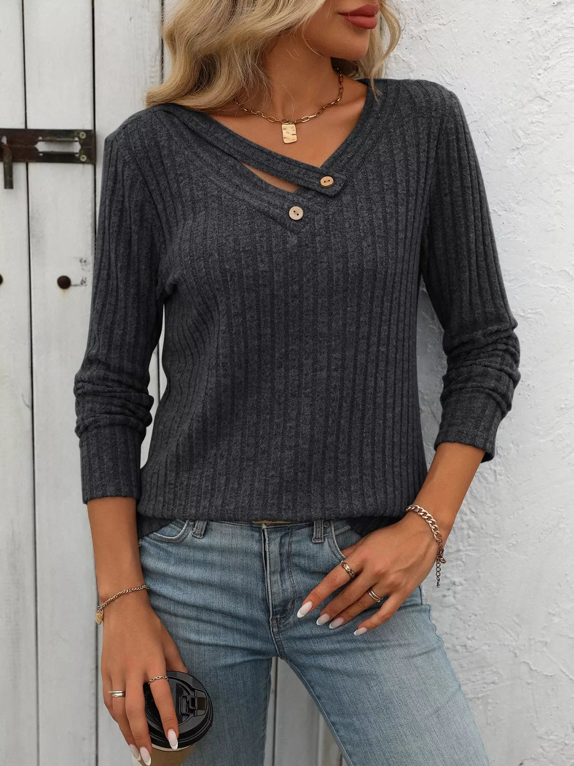 Ribbed Knit Long Sleeve Button Detail Sweater