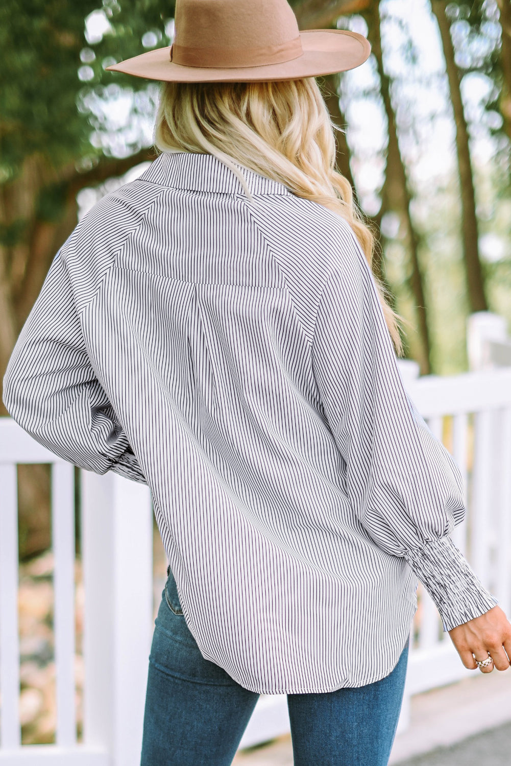 Sky Blue Smocked Cuffed Striped Boyfriend Women's Blouse with Pocket