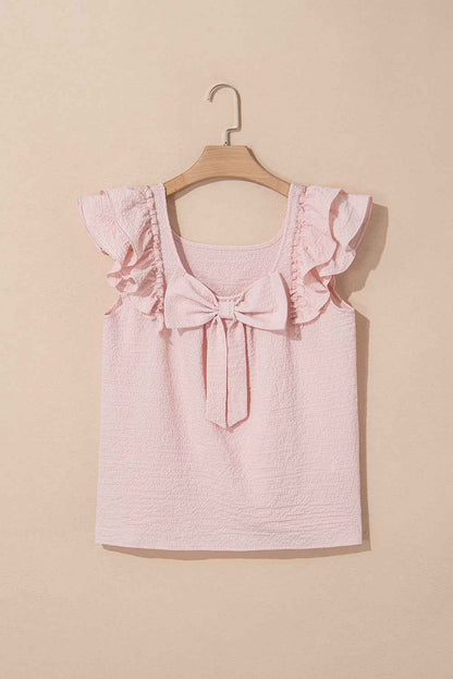 Gossamer Pink Textured Bow Frilled Ruffle Sleeve Blouse