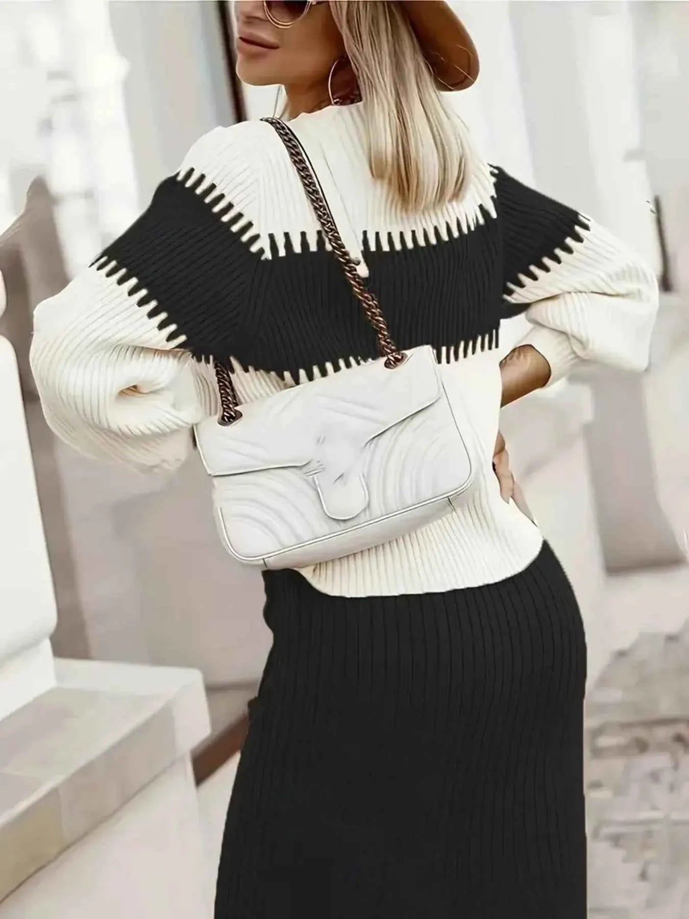 Two-Tone Ribbed Knit Top and Skirt Sweater Set