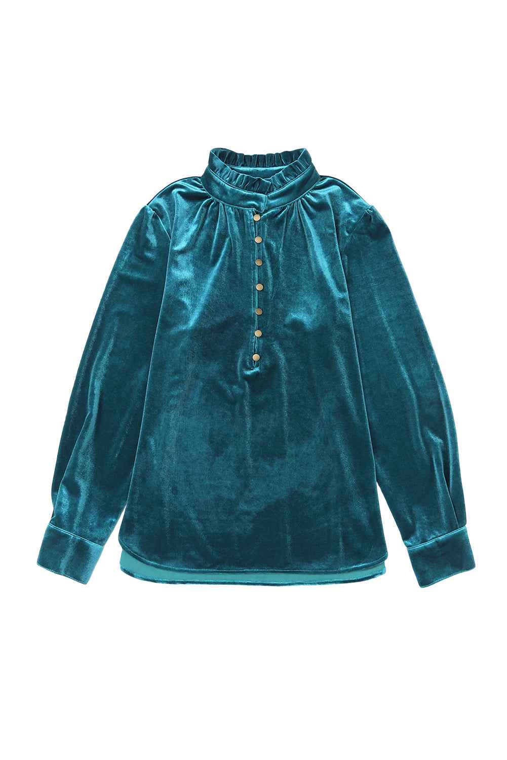 Green Frilled Neck Buttoned Front Velvet Wome Top