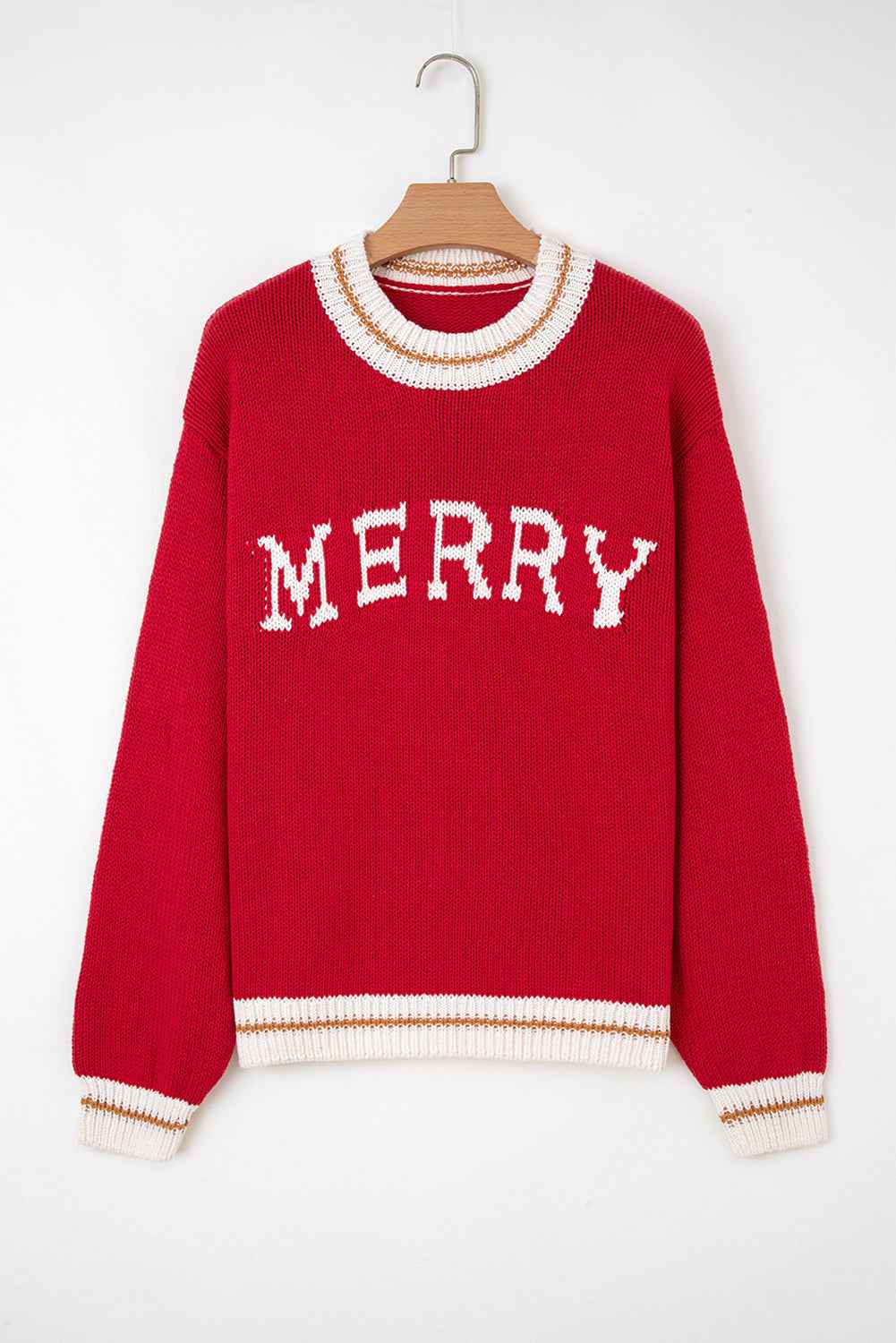 Fiery Red Merry Pattern Colorblock Edge Drop Shoulder Cozy Sweater
