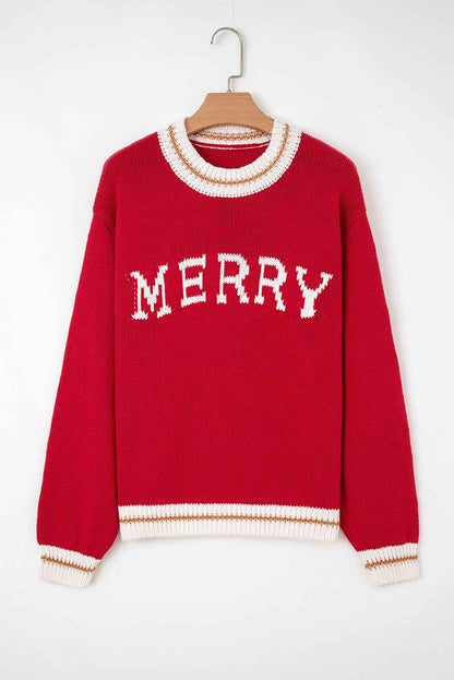 Fiery Red Merry Pattern Colorblock Edge Drop Shoulder Cozy Sweater