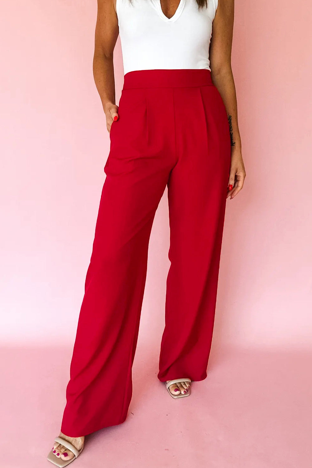 Pleated Pull-On High Waist Straight Leg Pants