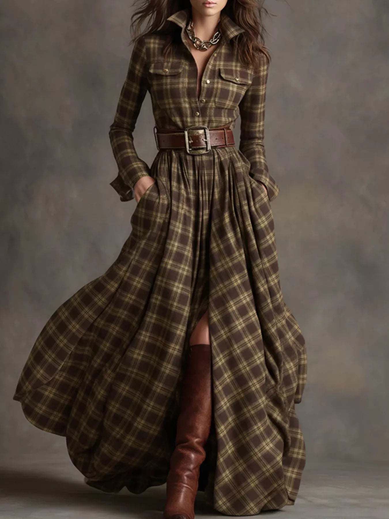 Plaid Button Front Maxi Dress