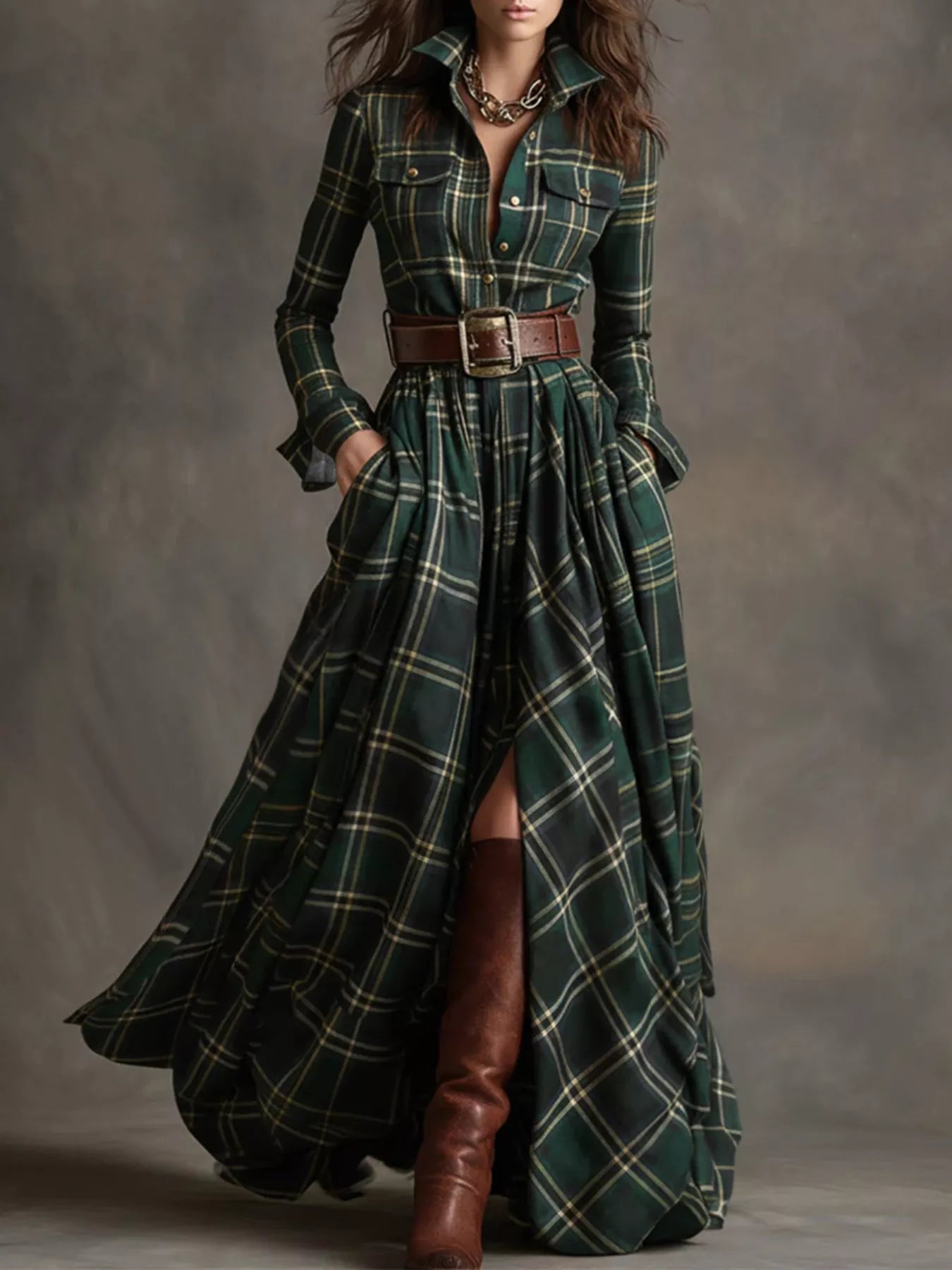 Plaid Button Front Maxi Dress