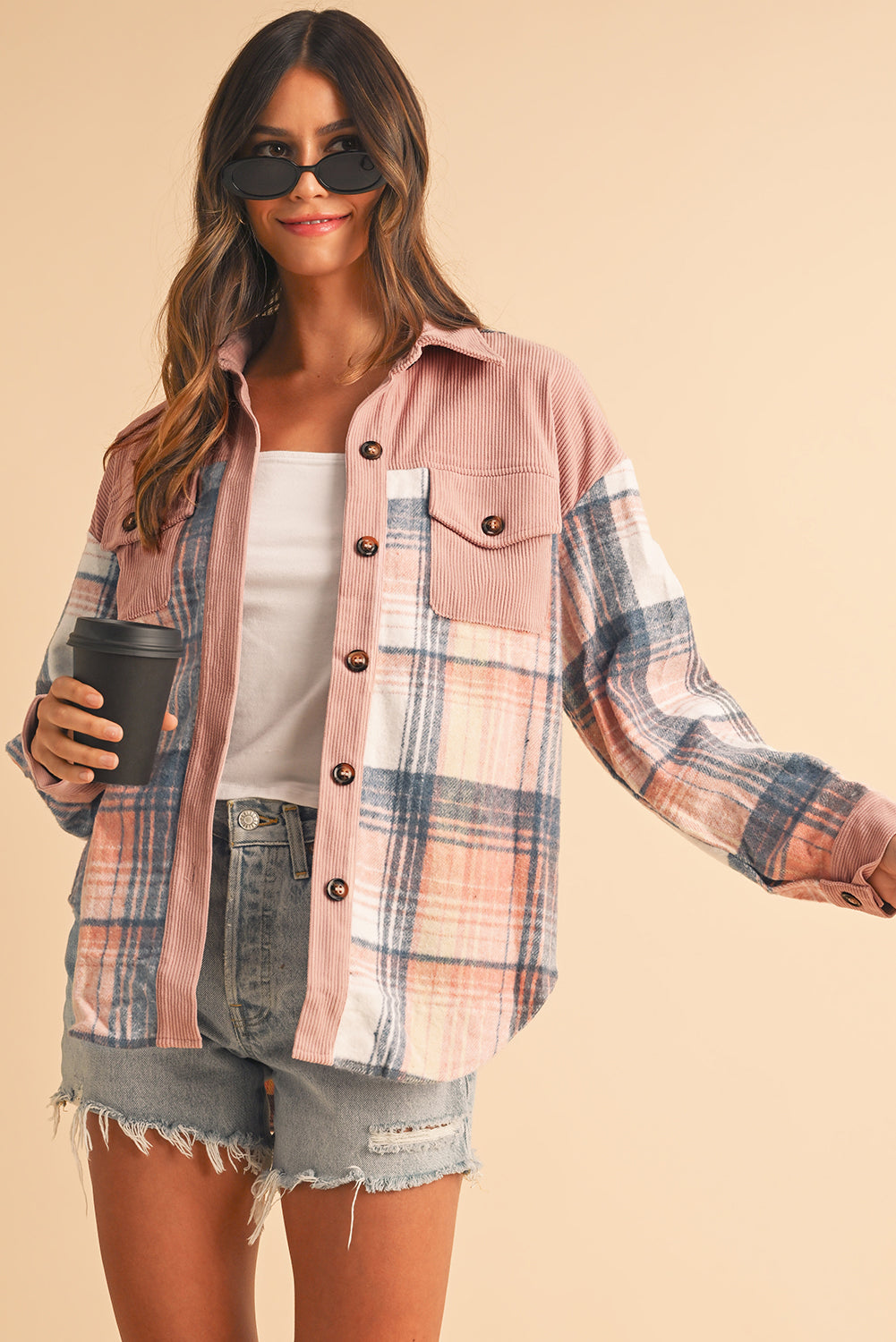 Cinnamon Plaid Corduroy Patchwork Pocket Loose Shacket - The Eggy's store