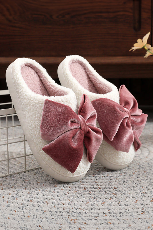 White Glister Ribbon Bow Decor Contrast Liner Plush Slippers – Cozy Slip-On