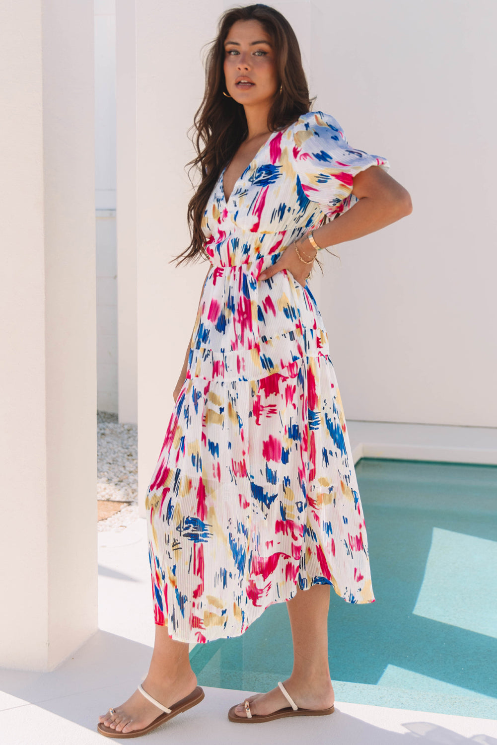 Abstract Print Puff Sleeve Tiered Maxi Dress – V-Neck High Waist