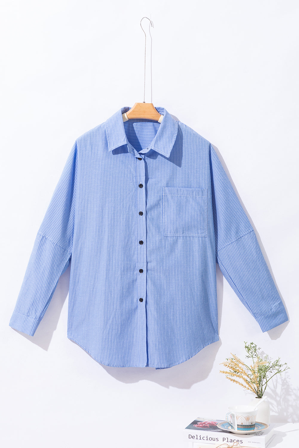 Striped Roll-Tab Sleeve Pocketed Long Blouse