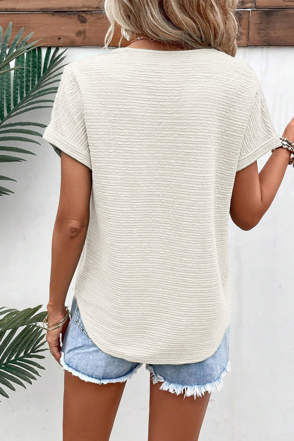 Pale Khaki Textured Wide Sleeve V Neck Women's T Shirt