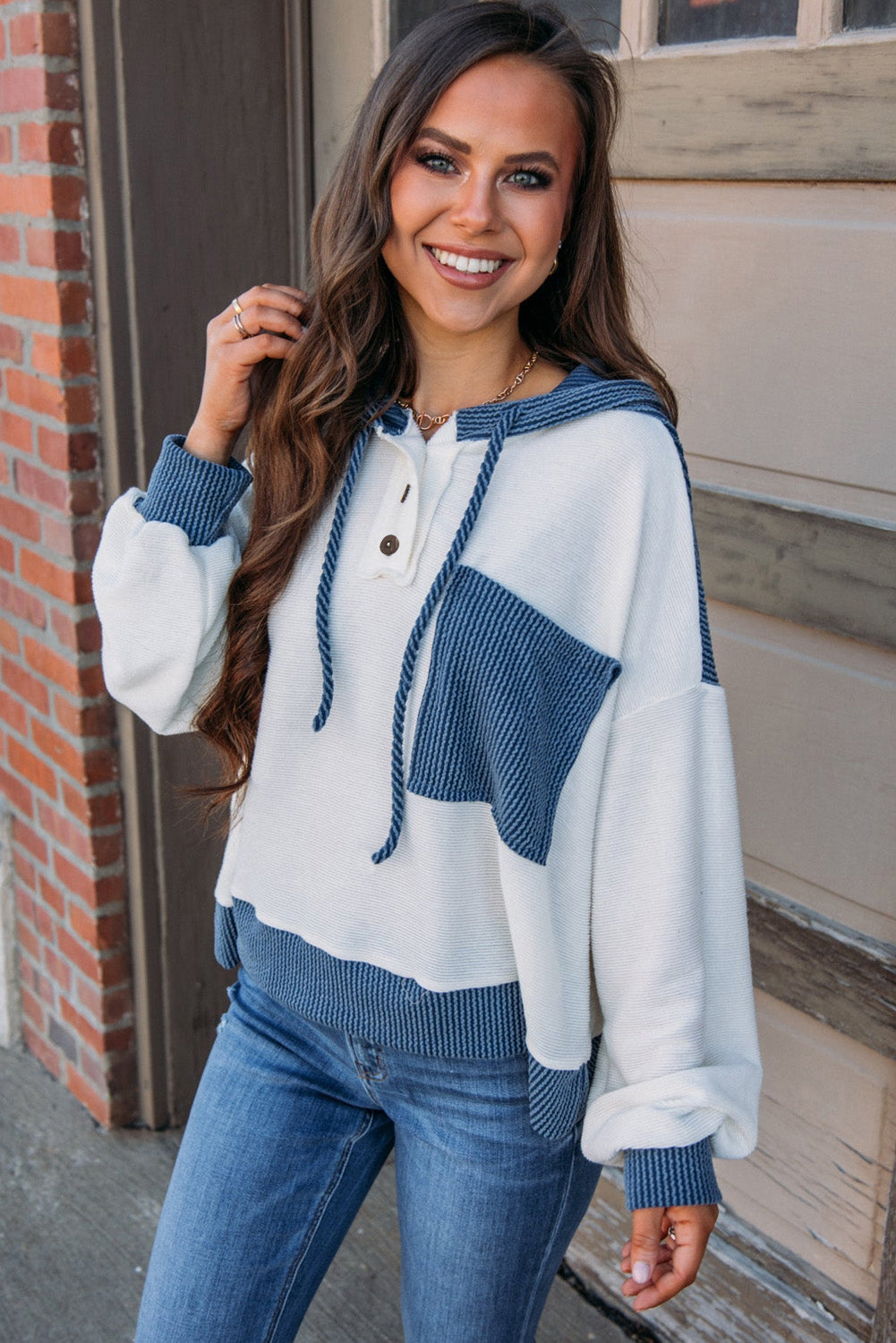 Light Pink Corded Colorblock Patch Pocket Hooded Women's Top