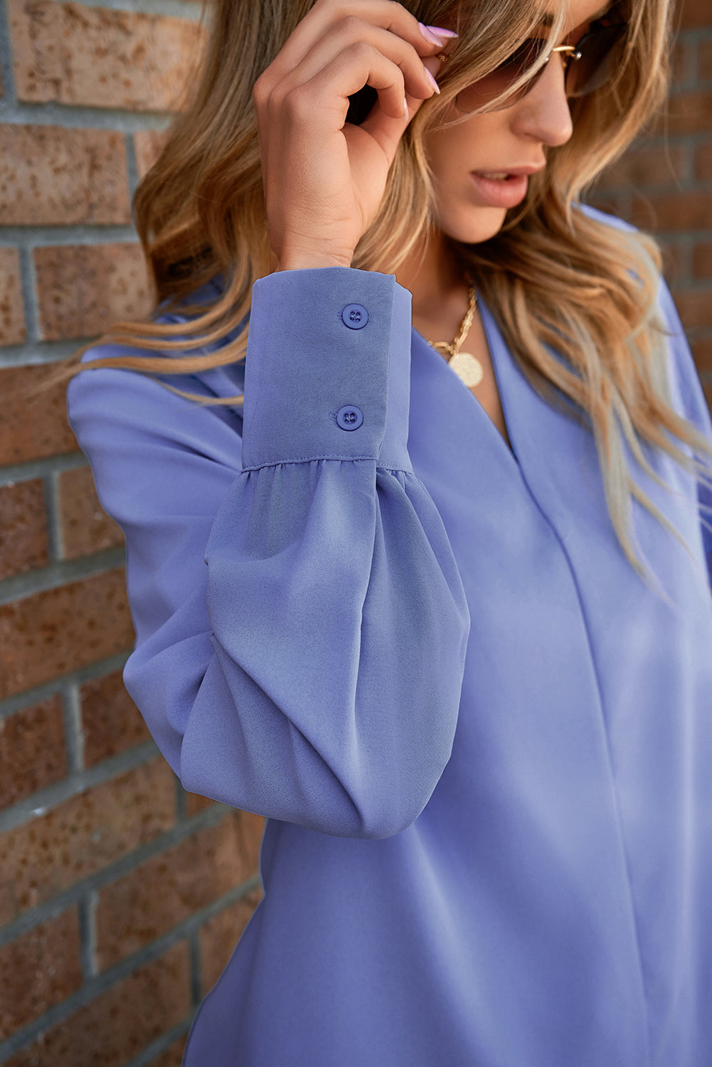 Sky Blue V-Neck Breezy Long Sleeve Blouse