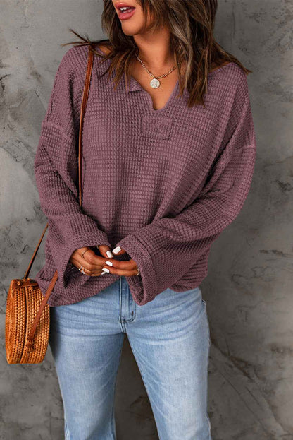 Solid Waffle Knit Long Sleeve Top