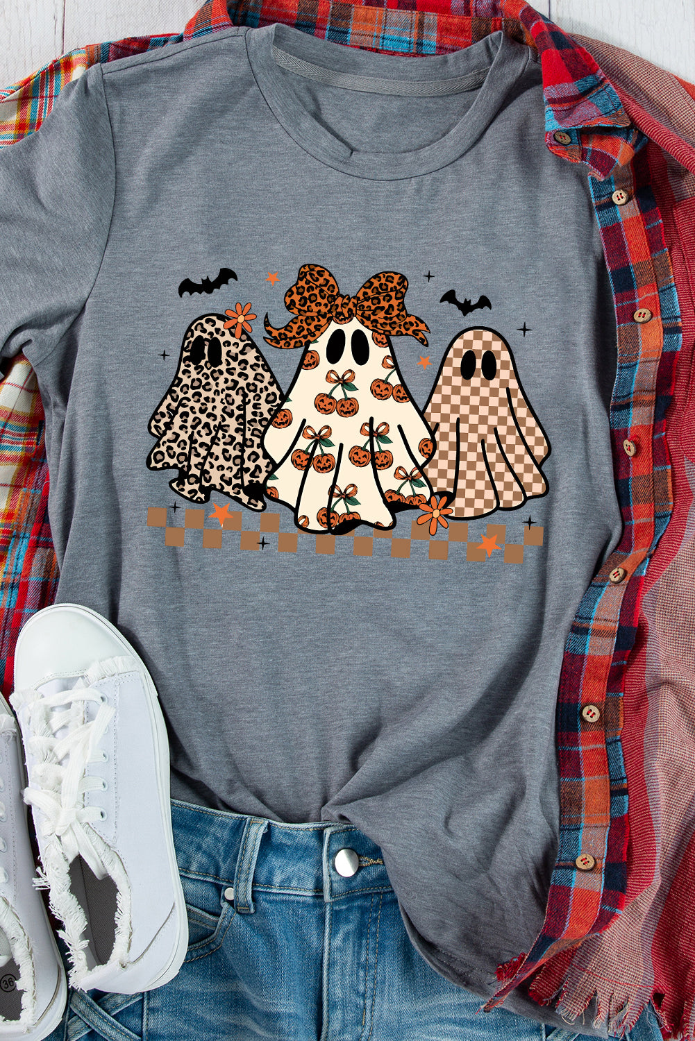 Three Ghosts Halloween Graphic T-Shirt with Cuffed Sleeves