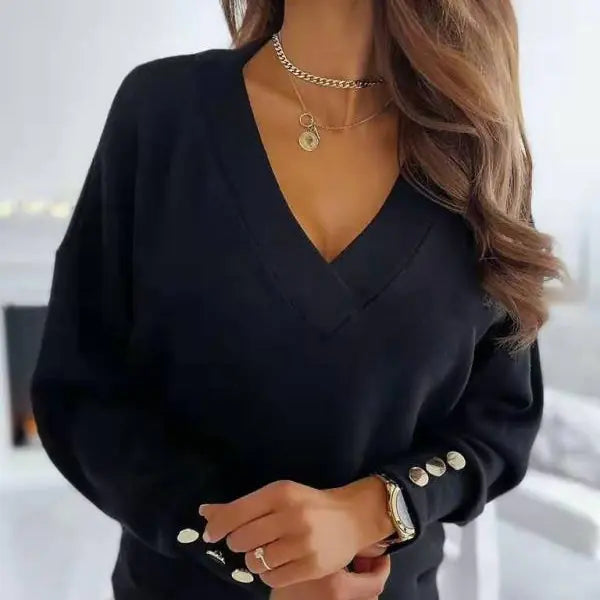 Button V-Neck Sweatshirt