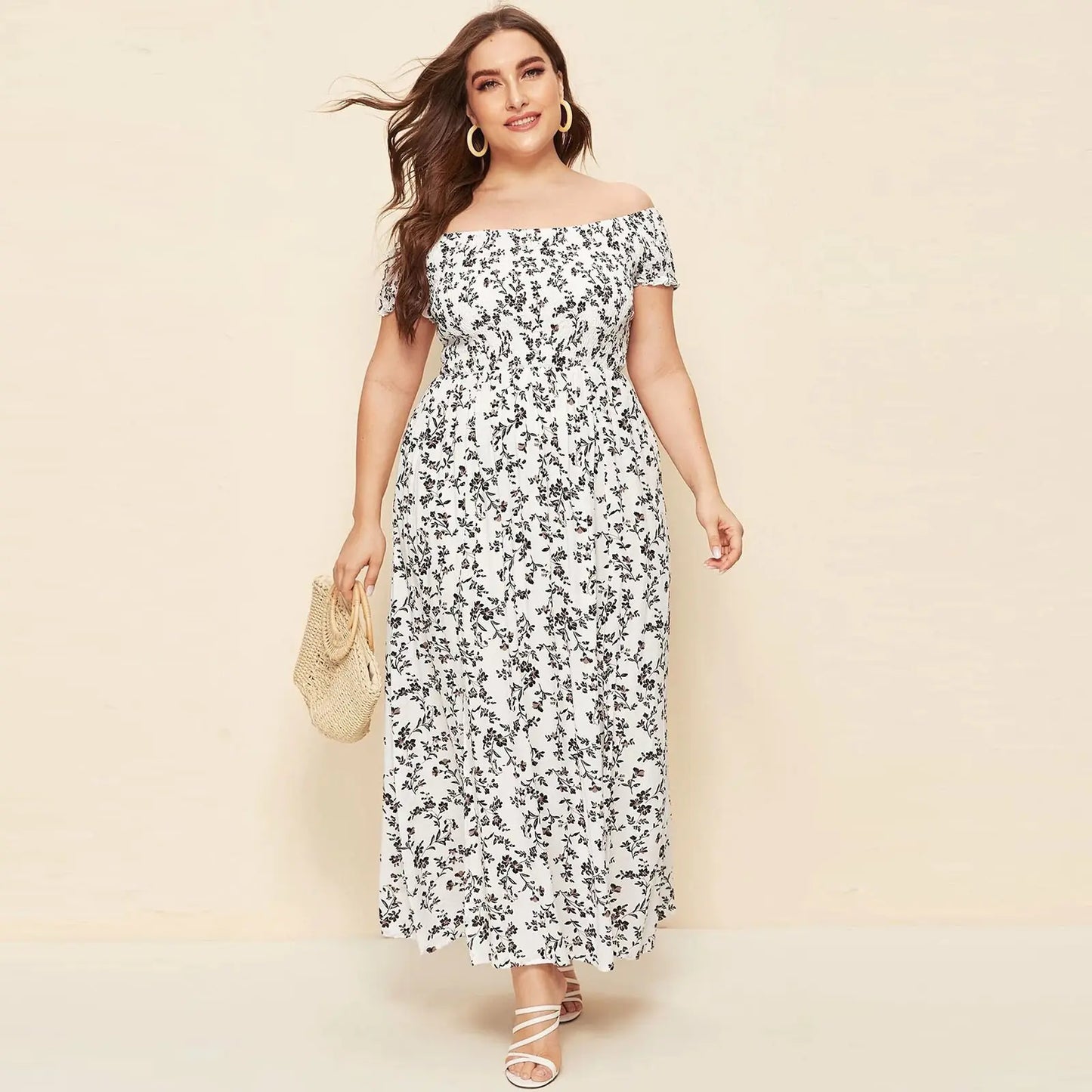 Plus Size Floral Print Off-Shoulder Dress