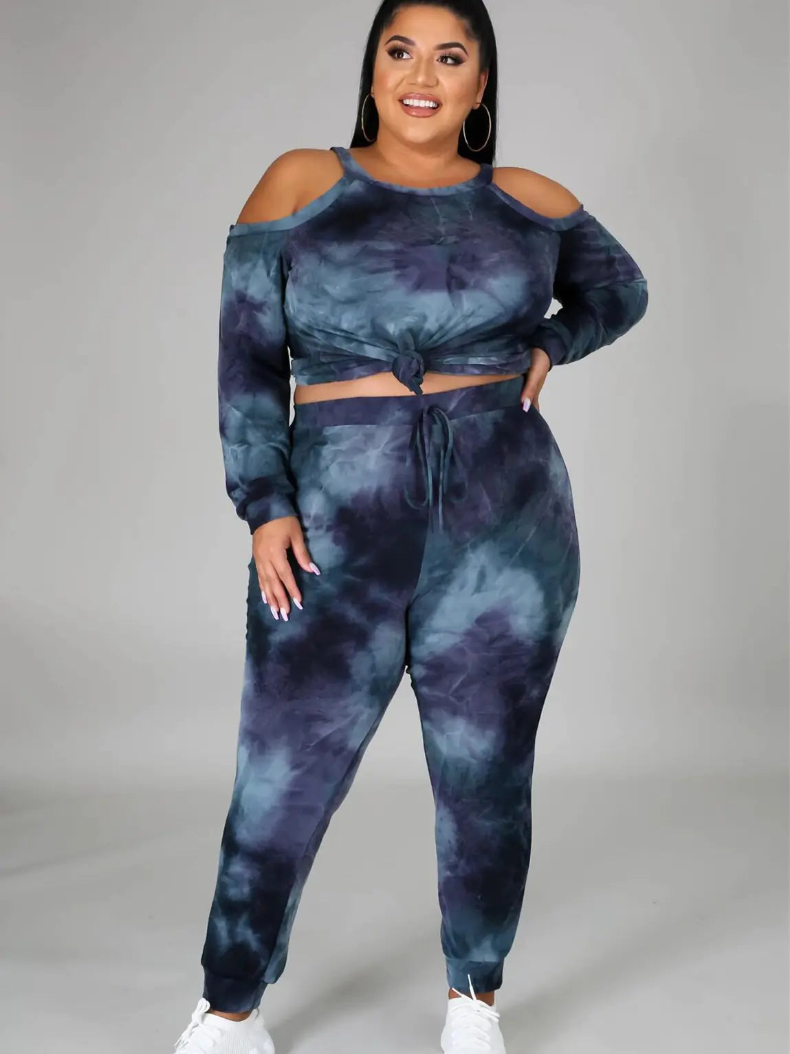 Plus Size Women's Off Shoulder Tie Dye Sweatsuit