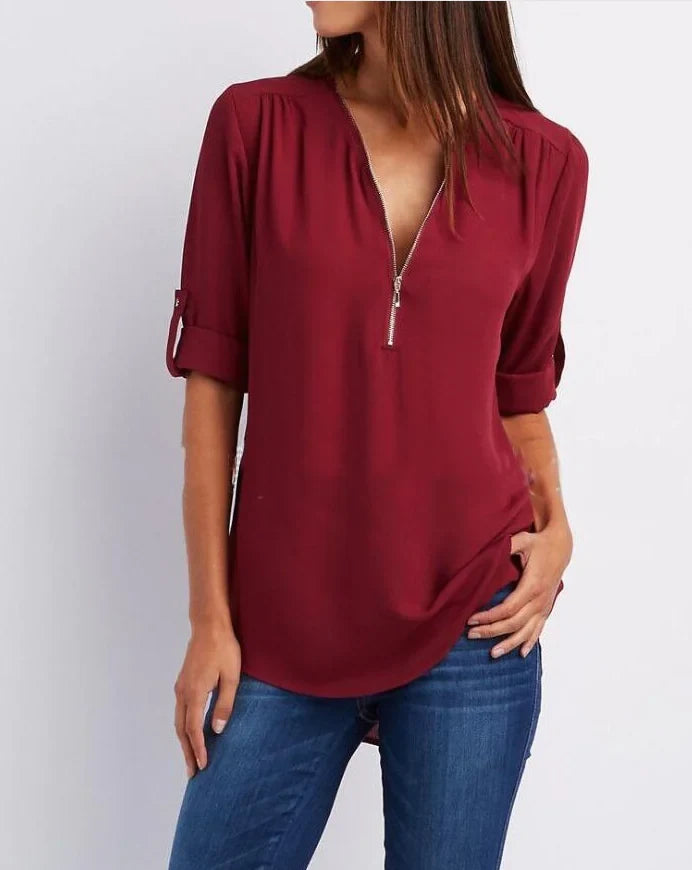Plus Size V-Neck Long Sleeve Zip Chiffon Blouse