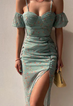 Irregular Spaghetti-Strap Floral Midi Dress